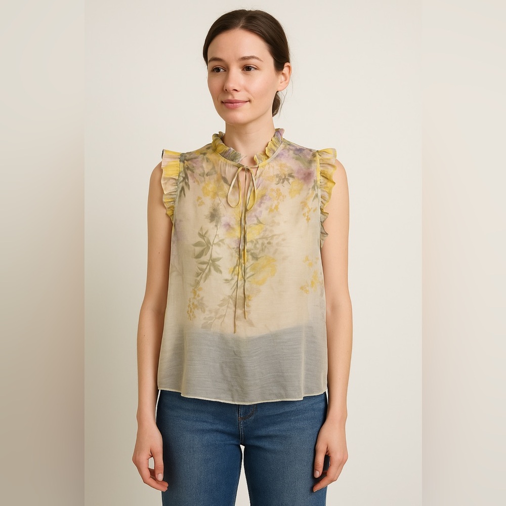 Sleeveless Floral Ruffle Tie-Neck Blouse in Yellow
